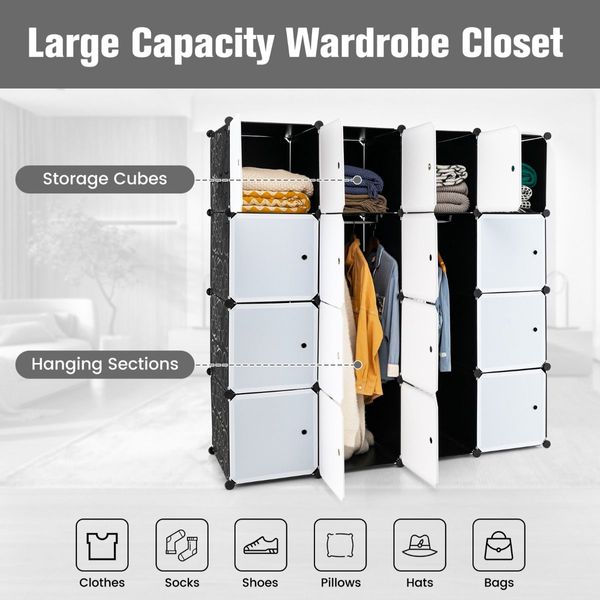 16-Cube Storage Organizer with 16 Doors & 2 Hanging Rods for Clothes