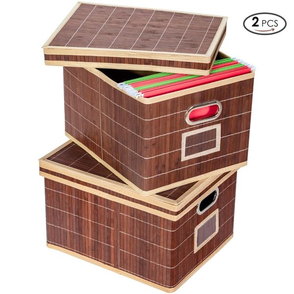 Set of 2 Folding Bamboo Storage Boxes with Removable Lids & Handles