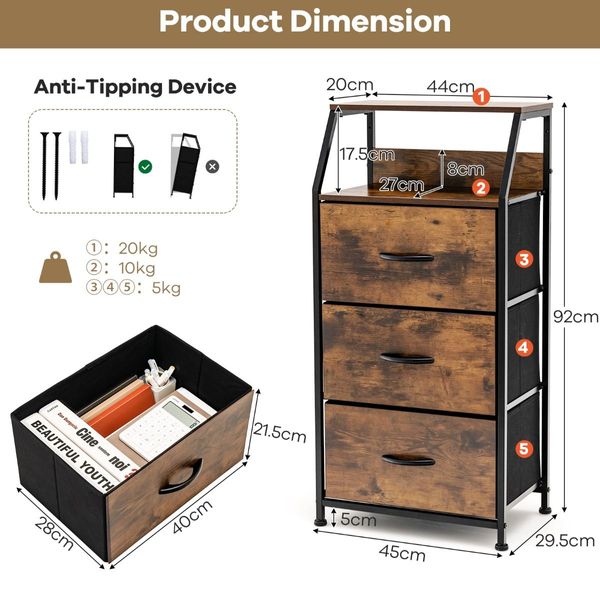 Organizing Dresser Unit with 3 Removable Drawers for Bedroom, Living Room