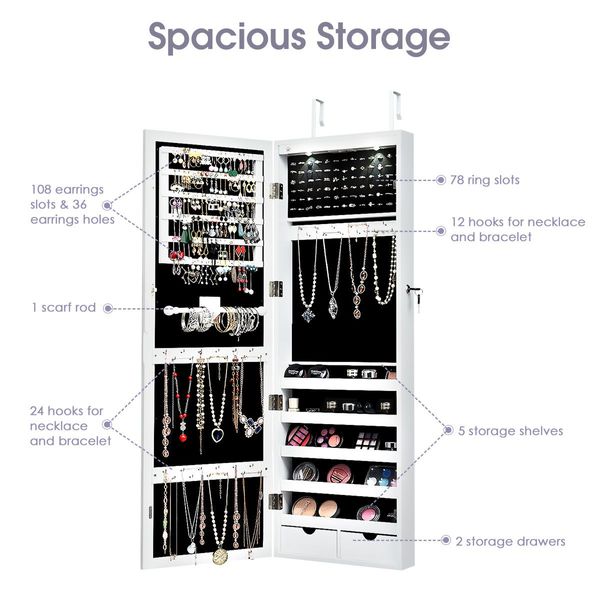 Lockable Jewelry Cabinet with 2 LED Lights for Daily Makeup