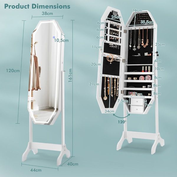 Jewellery Armoire with Full-Length LED Mirror for Bedroom