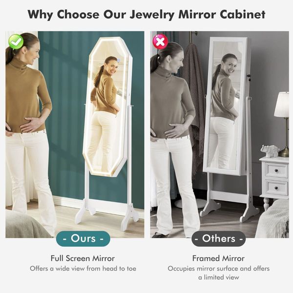 Jewellery Armoire with Full-Length LED Mirror for Bedroom