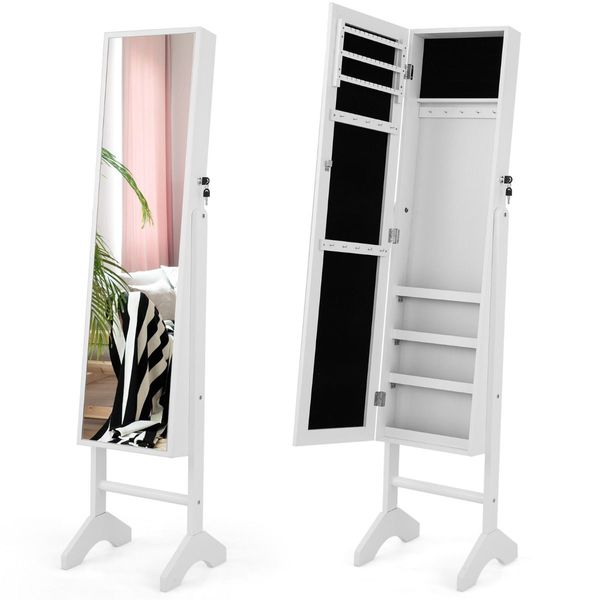 Standing Jewelry Cabinet with Full Length Mirror & Hooks & Shelves