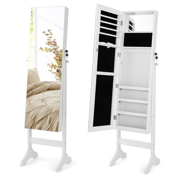 Standing Jewelry Cabinet with Makeup Mirror & Lockable Door