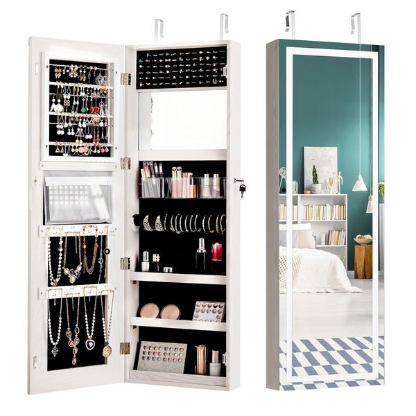 Lockable Jewelry Cabinet with LED Strip Lights & Full-length Mirror