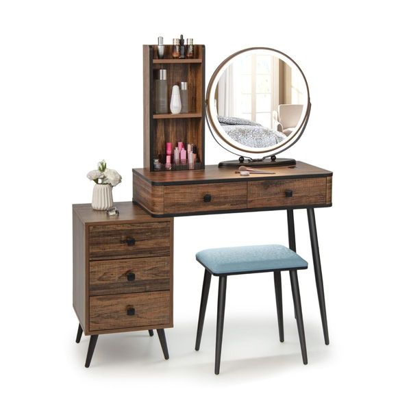 Dressing Table Stool Set with LED Makeup Mirror for Bedroom