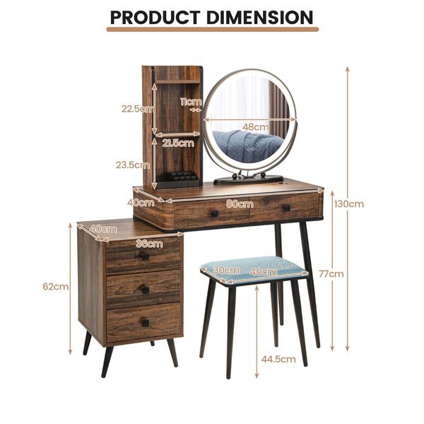 Dressing Table Stool Set with LED Makeup Mirror for Bedroom