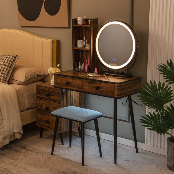 Dressing Table Stool Set with LED Makeup Mirror for Bedroom