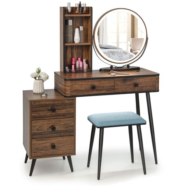 Dressing Table Stool Set with LED Makeup Mirror for Bedroom