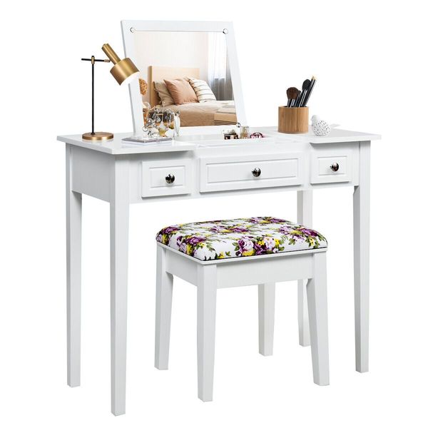 Dressing Table Stool Set with Flip Top Mirror & Storage Drawer