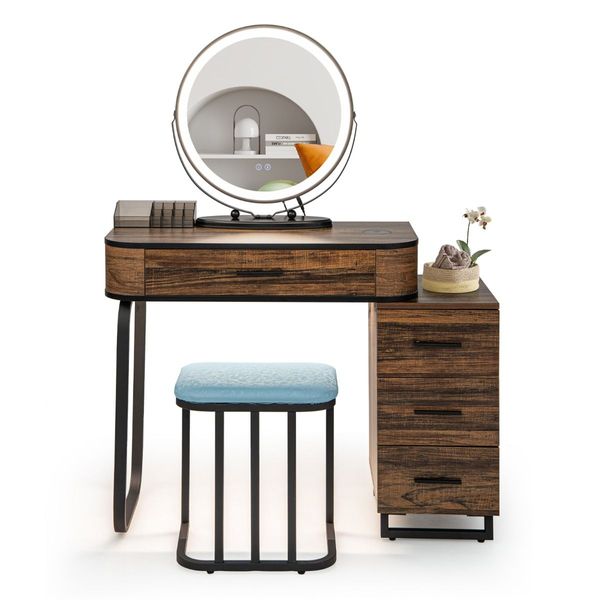 Dressing Table Stool Set with 3-Colour Lighted Makeup Mirror