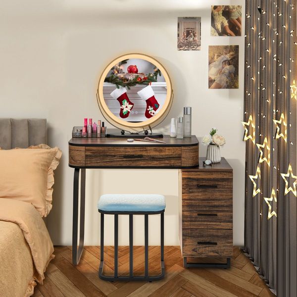 Dressing Table Stool Set with 3-Colour Lighted Makeup Mirror