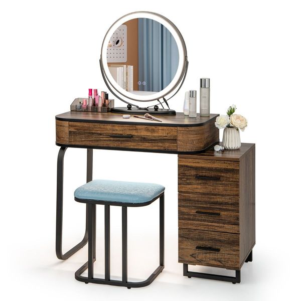 Dressing Table Stool Set with 3-Colour Lighted Makeup Mirror