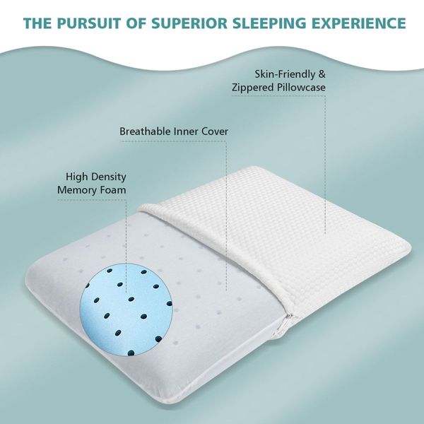 Memory Foam Pillow with Zippered Washable Pillowcase for Back Side Stomach Sleepers