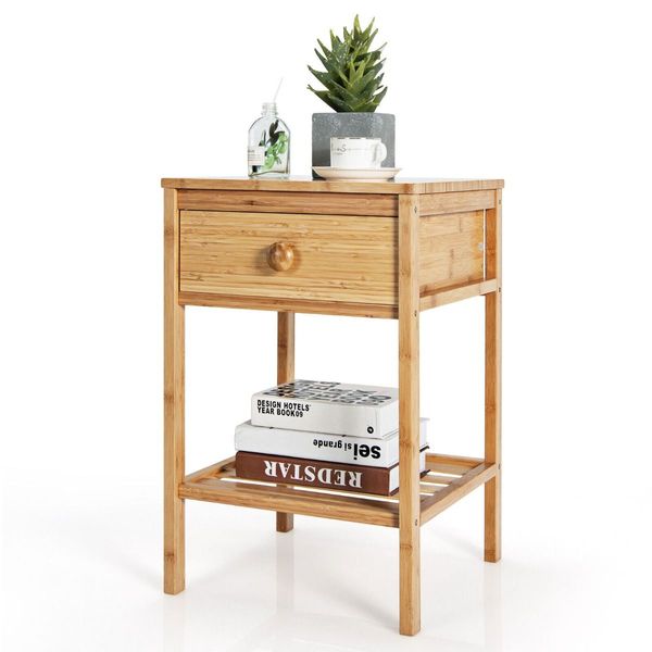 Bamboo Nightstand Bedside Table with Drawer and Open Storage Shelf Natural