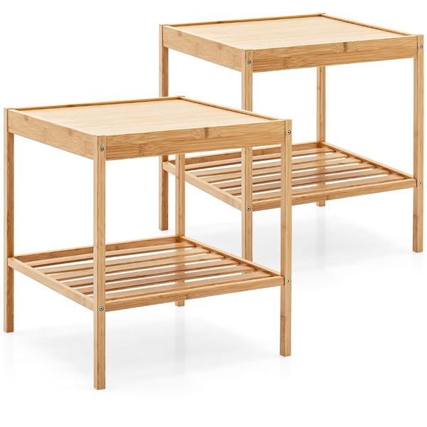 Set of 2 Square Bamboo Nightstand with Bottom Shelf