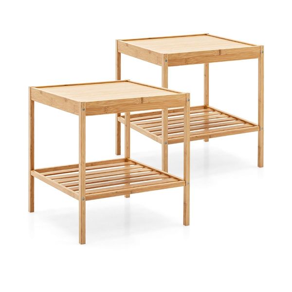 Set of 2 Square Bamboo Nightstand with Bottom Shelf