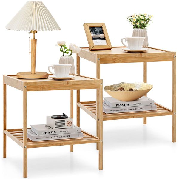 Set of 2 Square Bamboo Nightstand with Bottom Shelf