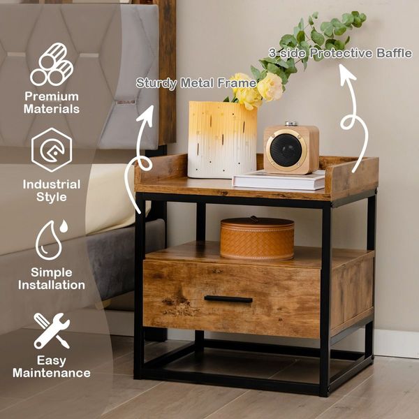 3-tier Nightstand with Raised Top Baffles for Living Room