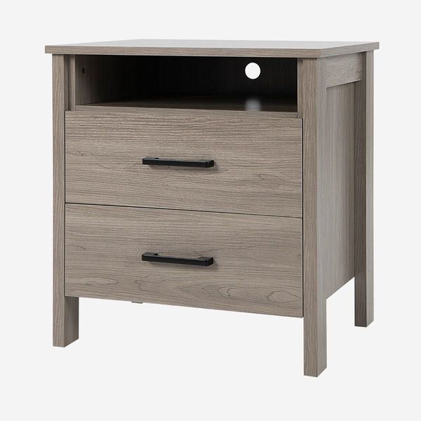 Modern Wood Grain Nightstand with Cable Hole & Open Compartment & 2 Drawers