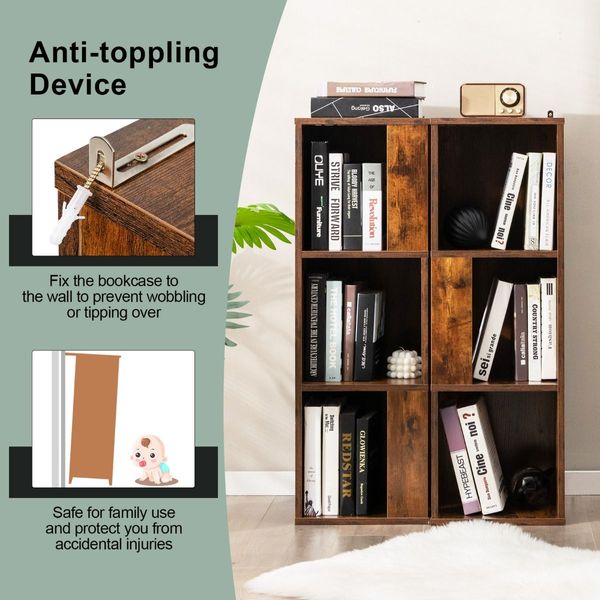 Freestanding 3-tier Bookshelf with 6 Compartments for Living Room/Bedroom