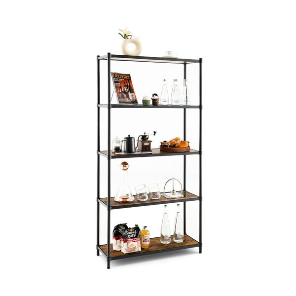 5-Tier Tall Bookshelf with Rustic Wood Grain & Heavy-duty Metal Frame for Home Office