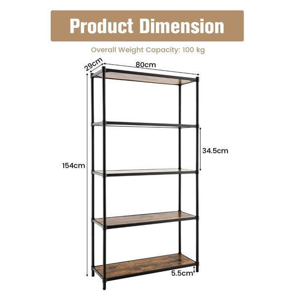 5-Tier Tall Bookshelf with Rustic Wood Grain & Heavy-duty Metal Frame for Home Office