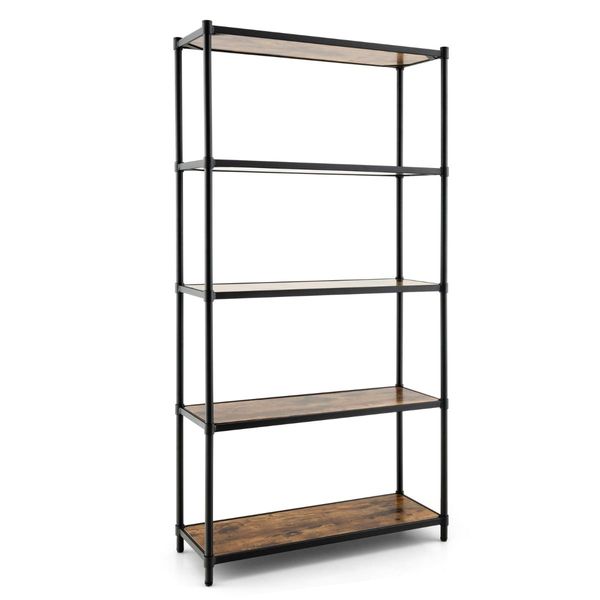 5-Tier Tall Bookshelf with Rustic Wood Grain & Heavy-duty Metal Frame for Home Office