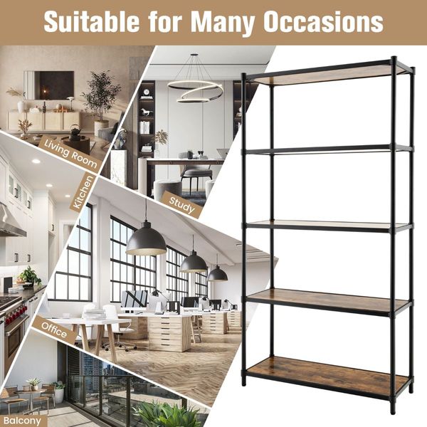 5-Tier Tall Bookshelf with Rustic Wood Grain & Heavy-duty Metal Frame for Home Office