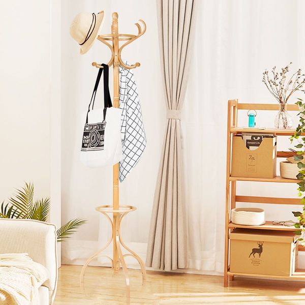 Practical Birch Coat Stand with 360 degree Rotating Top Tier for Hat & Jacket