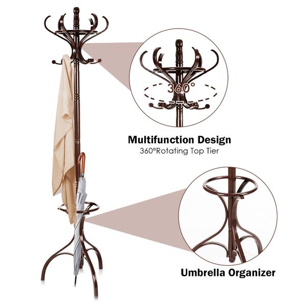 Practical Birch Coat Stand with 360 degree Rotating Top Tier for Hat & Jacket