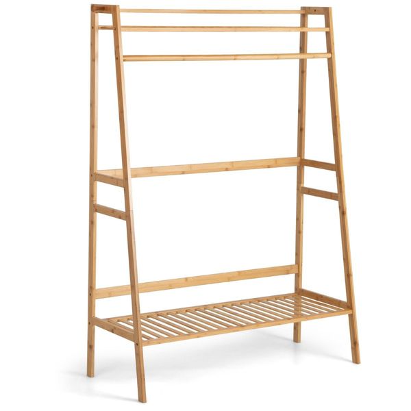 Freestanding Bamboo Clothing Rack with Top Shelf & Shoe Rack