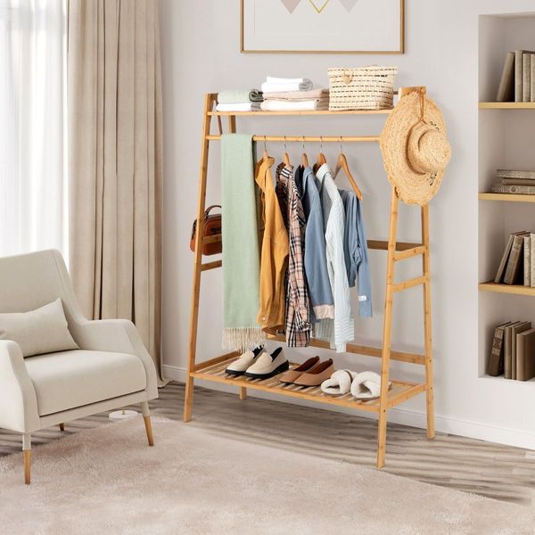 Freestanding Bamboo Clothing Rack with Top Shelf & Shoe Rack