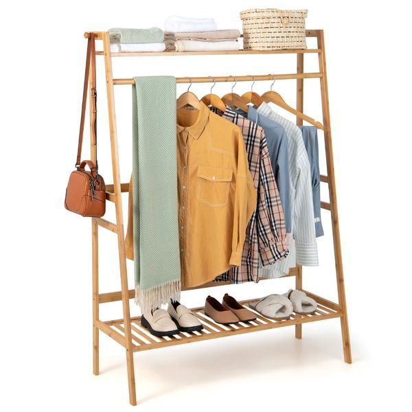 Freestanding Bamboo Clothing Rack with Top Shelf & Shoe Rack