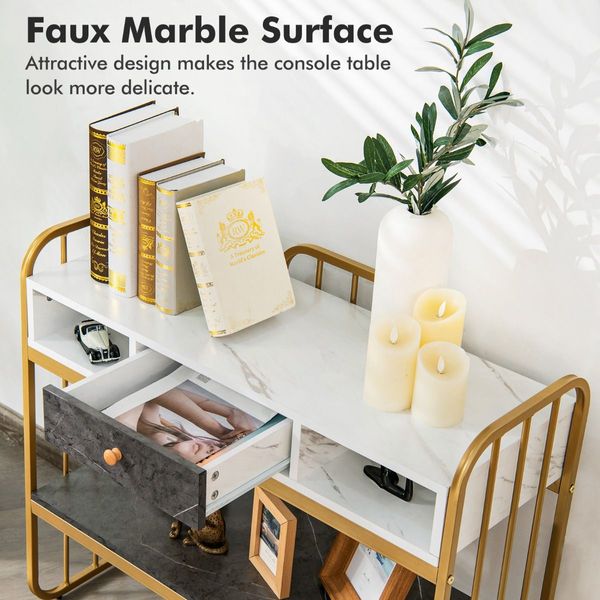 Faux Marble Console Table with Drawer and Storage Shelf