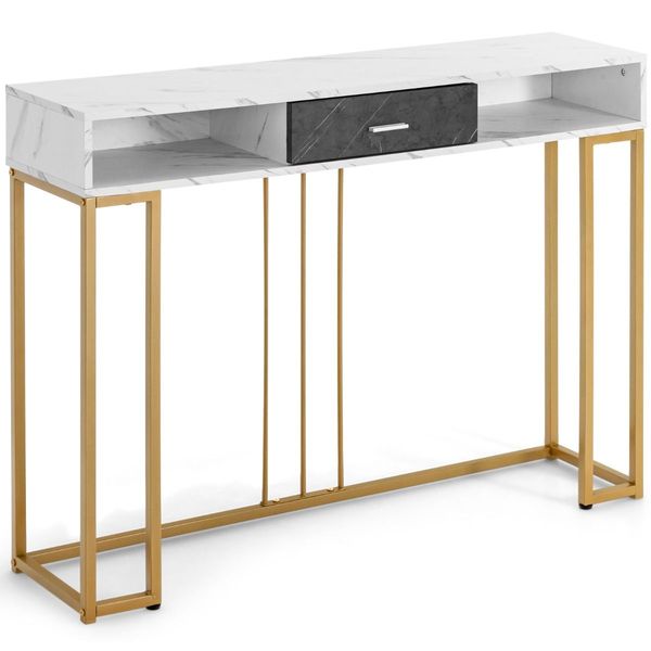 2-tier Faux Marble  Console Table with Drawer & Golden Steel Frame