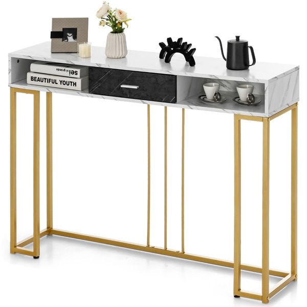 2-tier Faux Marble  Console Table with Drawer & Golden Steel Frame