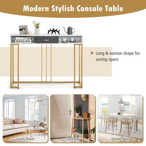 2-tier Faux Marble  Console Table with Drawer & Golden Steel Frame