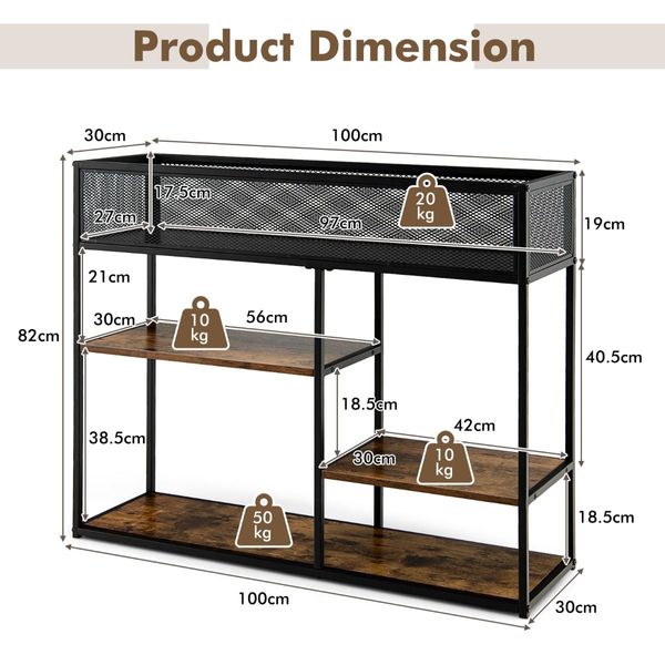 4-Tier Console Table with Wire Basket for Living Room/Dining Room