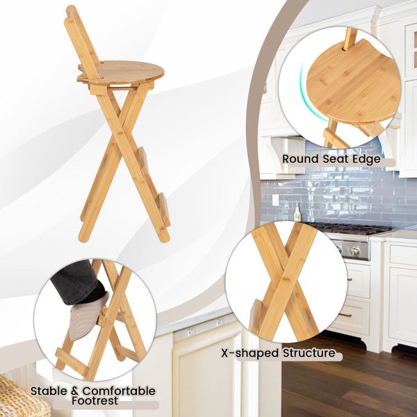 Folding Bamboo Bar Stools with with Footrests & Handles for Dining Room