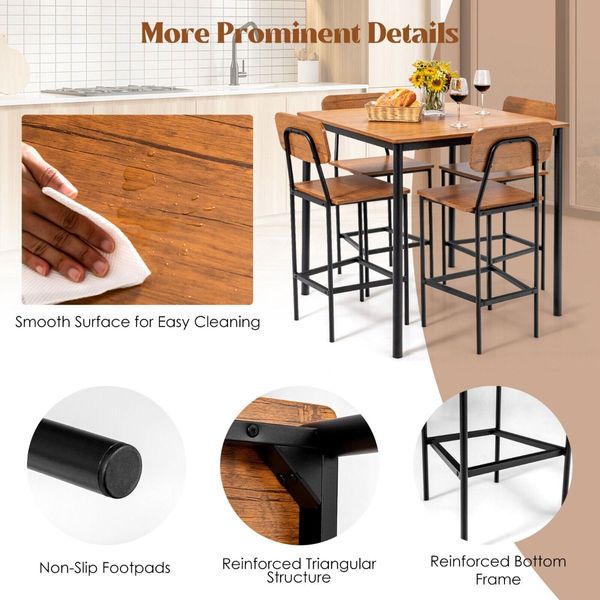 5 Pieces Industrial Dining Set Bar Counter Height Table and 4 Stools