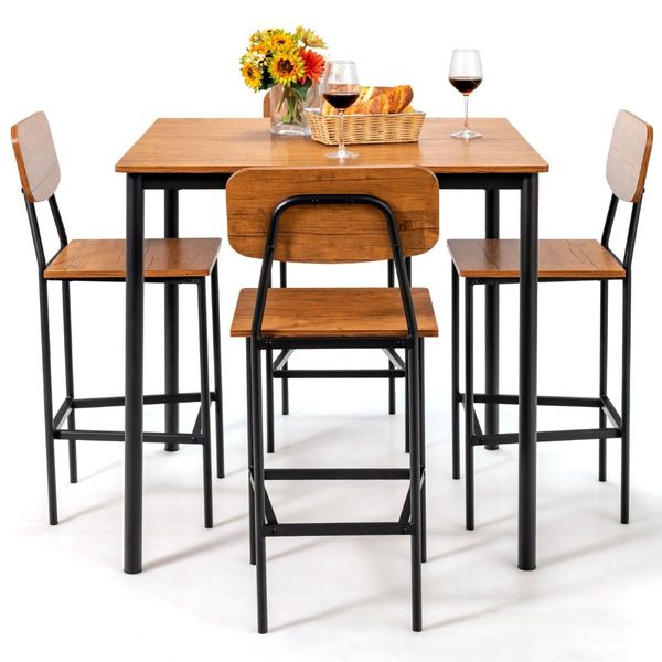 5 Pieces Industrial Dining Set Bar Counter Height Table and 4 Stools