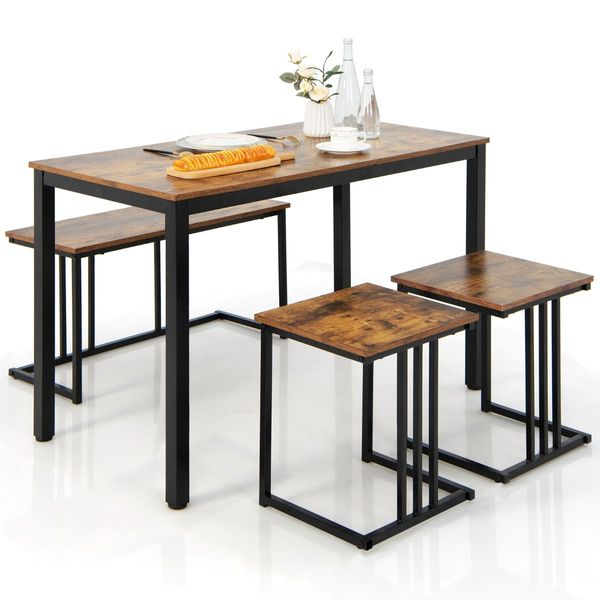 4-Piece Dining Table Set with Bench & 2 Stools for 4 Persons for Kitchen