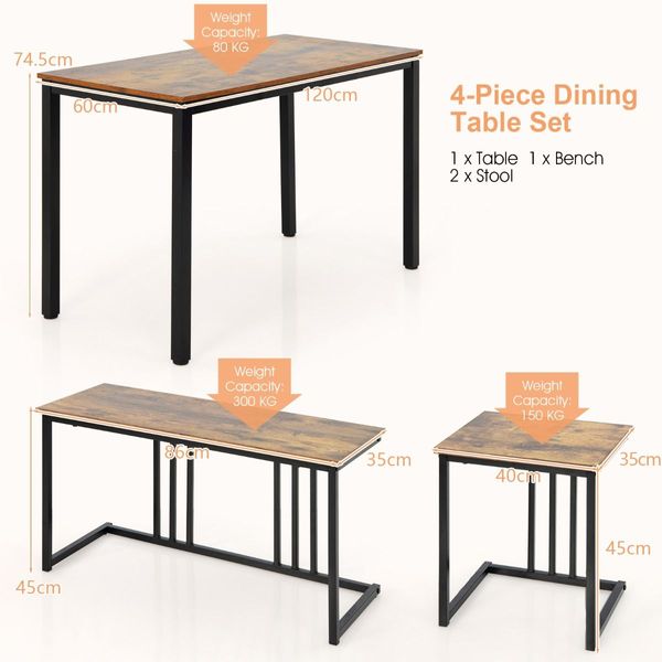 4-Piece Dining Table Set with Bench & 2 Stools for 4 Persons for Kitchen