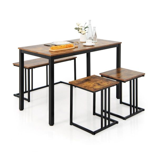 4-Piece Dining Table Set with Bench & 2 Stools for 4 Persons for Kitchen