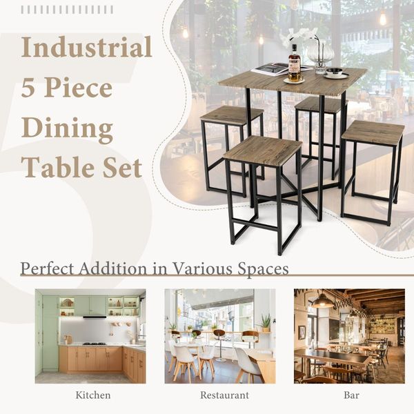 5 Piece Kitchen Dining Square Table Set  with 4 Stools for Apartment