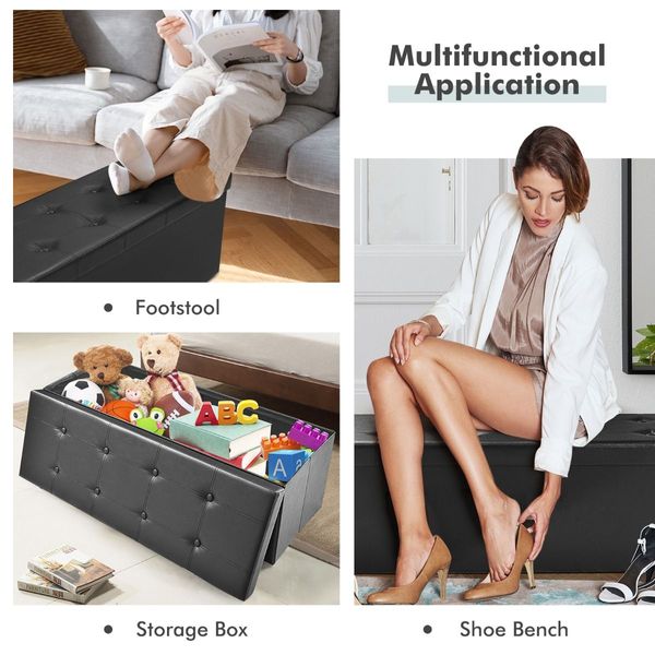 Tufted Faux Leather Folding Storage Ottoman Bench