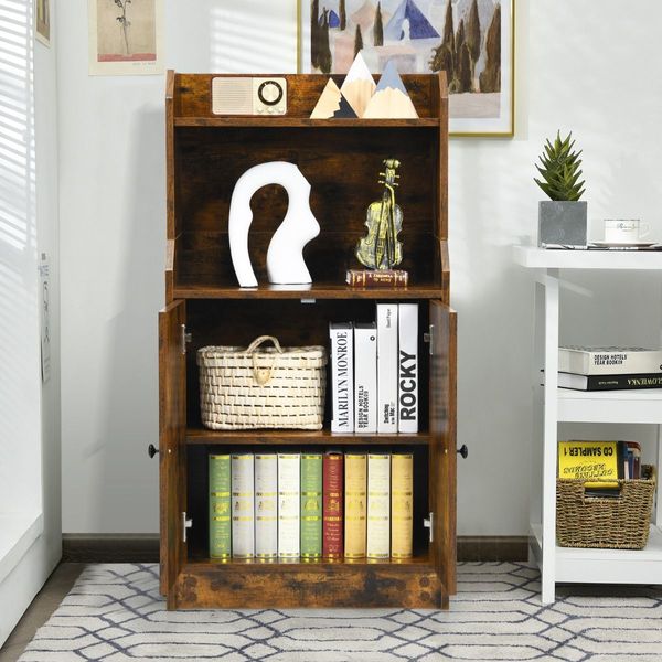 2-Tier Bookshelf with 2 Doors & Adjustable Shelf