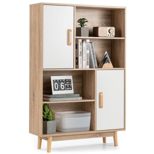 4-Tier Wooden Bookcase with 2 Doors & 4 Open Shelf