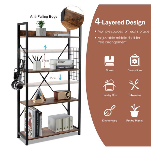 4 -Tier Industrial Bookshelf Open Storage Bookcase Display Shelf for Home Office